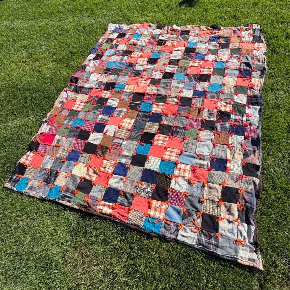 Handmade Patchwork Quilt Vintage Scrap Fabric Tied Blanket Multicolor 93x79